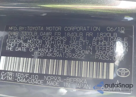 2010 Toyota Yaris from USA, damaged, VIN JTDBT4K39A1393622